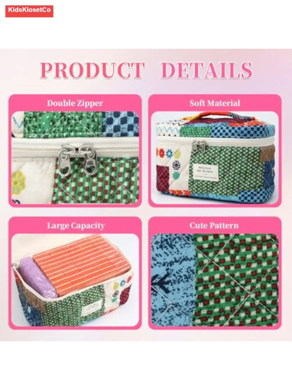 Quilted Cotton Travel Makeup Bag Set of 3 Floral Toiletry Cosmetic Organizer